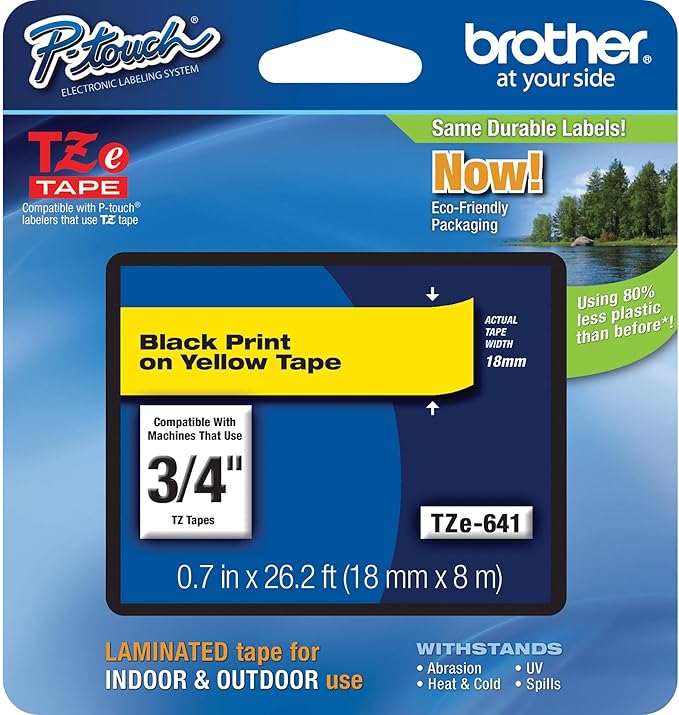 Brother Genuine P-Touch TZE-641 Tape, 3/4" (0.7") Standard Laminated P-Touch Tape, Black on Yellow, For Indoor or Outdoor Use, Water-Resistant, 26.2 ft (8 m), Single-Pack