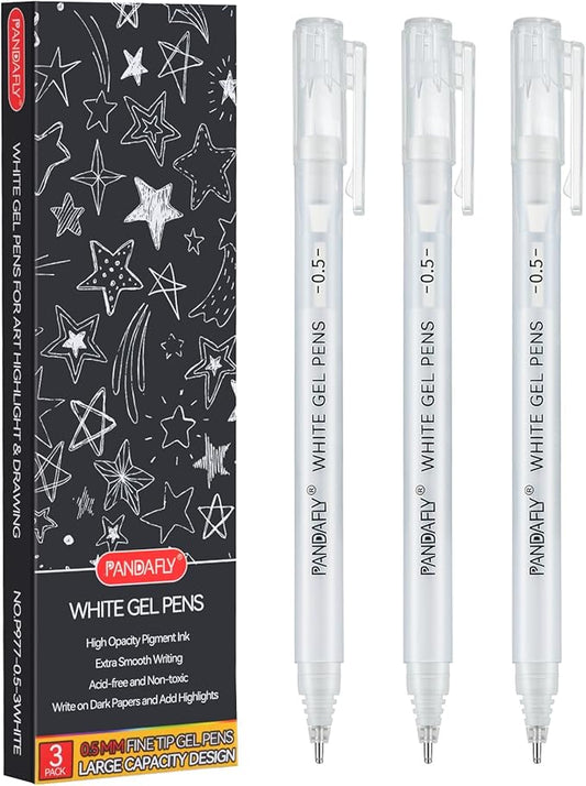 PANDAFLY White Gel Pens, 0.5mm Extra Fine Point Opaque Archival Ink Pen for Journaling, Art, or Drawing - For Artist Gifts, Holiday Gifts & DIY Projects, 3 Pack