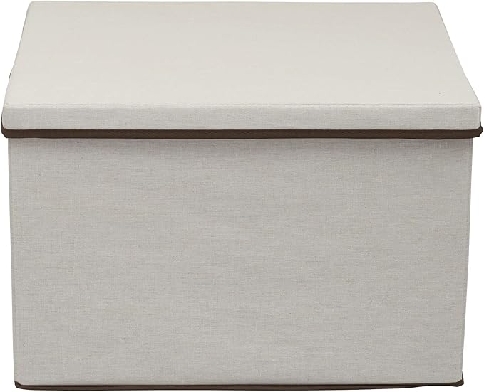 Household Essentials Wide Fabric Storage Bin with Lid, 18.5" W x 15" D, Wide-18.5", Natural and Brown