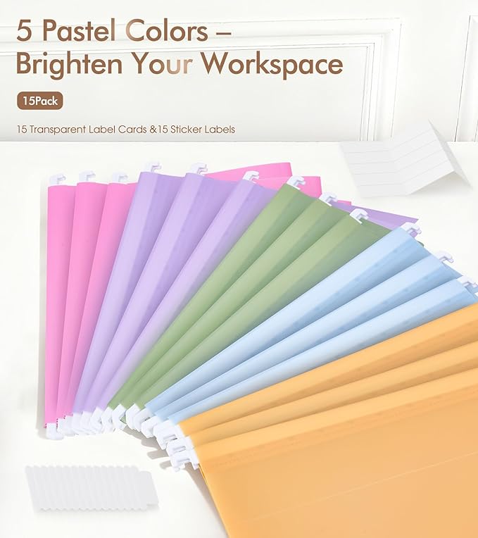 Plastic Hanging File Folders Letter Size, Colored Hanging File Folders with Tabs, Durable Waterproof Plastic Hanging Folders for Filing Cabinets, Office, School & Home Organization (15, Pastel)