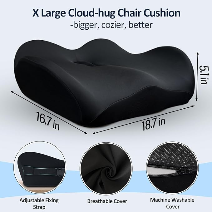 X Large Memory Foam Seat Cushions for Office Chairs, Long Sitting Pressure Relief Ergonomic Office Chair Cushion for Butt Coccyx Tailbone Sciatica, Car Seat Booster for Height (Black)