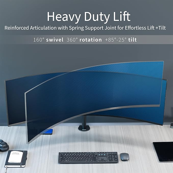 VIVO Clamp-on Single Ultra Wide Monitor Desk Mount, Low Profile Heavy Duty Adjustable Stand for 1 Ultrawide Screen up to 49 inches, 44 lbs Capacity, Black, STAND-V100C