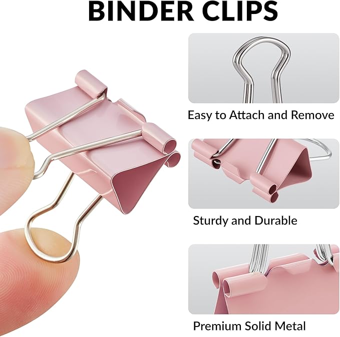 NEEWAY 100 Count Binder Clips Assorted Sizes, Paper Binder Clips (0.6inch 0.75inch 1inch), Metal Paper Clamps for Office and Home (Pink)