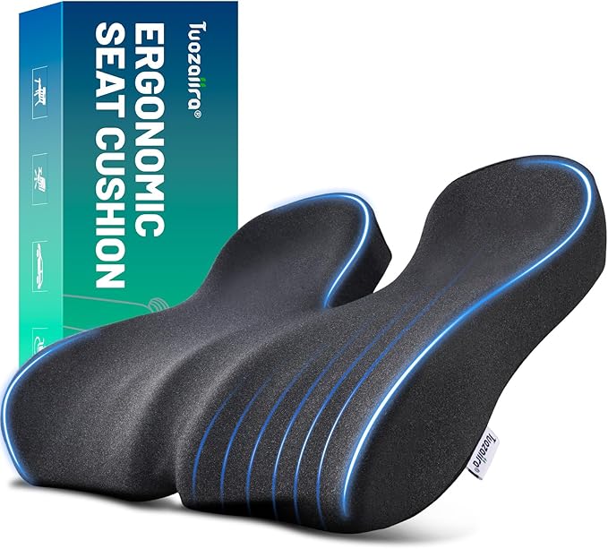 Firm Support Seat Cushion for Long Sitting, Ergonomic Memory Foam with Coccyx Cut-Out, Stable Pressure Distribution for Office Chair, Gaming & Daily Home Seating, Non-Slip Bottom, Washable Cover