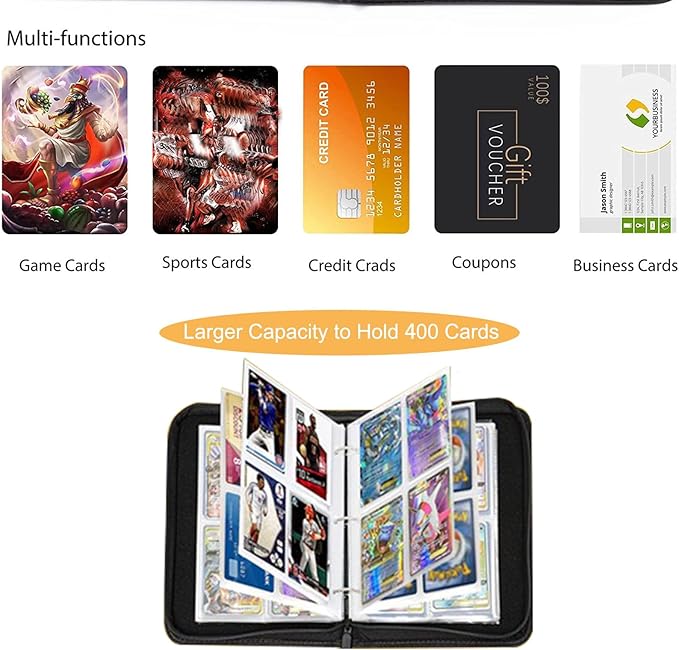 Trading Card Binder with Side-Loading Pages 400-Pocket Sports, Game, Membership & Shopping Card Album with Display Cover, Zipper & Wrist Strap, Fits Football Cards & More