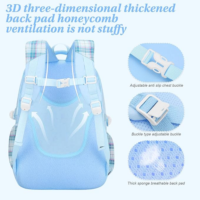 3PCS Girls Backpack Set for School - Cute Kids Bookbag with Lunch Box & Pencil Case, Stylish Backpack Combo for Girls Preschool Elementary Middle High School Students Teens Blue