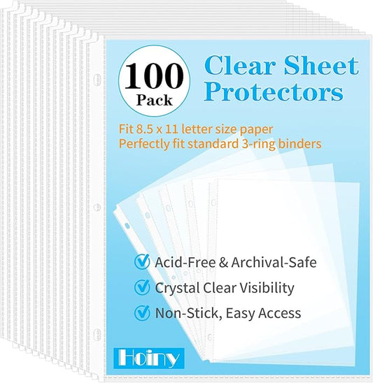 100 Pack Clear Sheet Protectors 8.5 x 11 Inch, Letter Size Page Protectors for 3 Ring Binder, Premium Polypropylene, Reinforced Holes, Acid Free, Top Loading for Documents, Paper, Photos