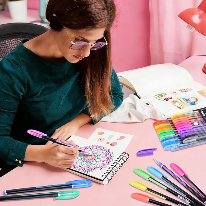 60 Colors Gel Pens Gel Pen Set for Adult Coloring, Metallic Glitter Pens & Gel Ink Pens for Journaling, Drawing, Cute Journal Pens Colored Gel Pens for Black Paper Writing