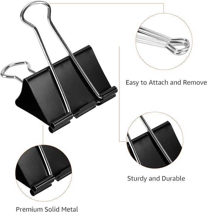Amazon Basics Sturdy Binder Clips, Office Supplies, Medium 1.25 inches, Document Organizing, Sturdy Steel, Black, 24 Count (2 Pack of 12)