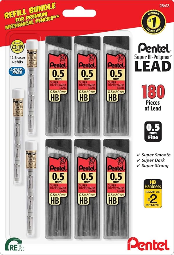 Pentel Super Hi-Polymer HB 0.5 mm Lead Refill Pack - 6 Packs of 30 Leads & 3 Packs of 4 Latex-Free White Erasers - Mechanical Pencil Refills