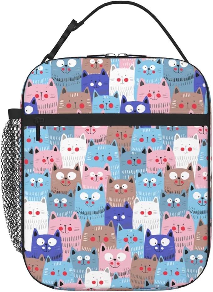 Cute Colorful Cats Insulated Lunch Bag,Kids Lunch Box For Girls Boys Teen,Kid Lunch Box Containers Cooler Bag With Front Pocket For Women Men,Reusable Lunch Tote Bag Lunchbox For School/Work/Picnic