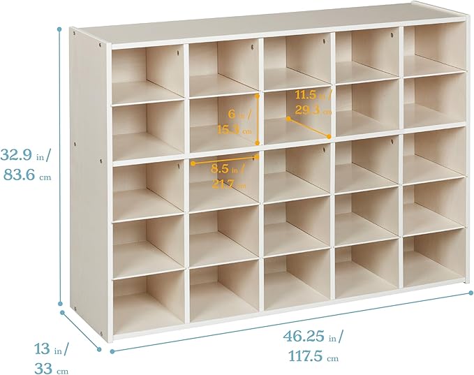ECR4Kids Streamline 25 Cubby Tray Storage Cabinet, 5x5, Classroom Furniture, White Wash