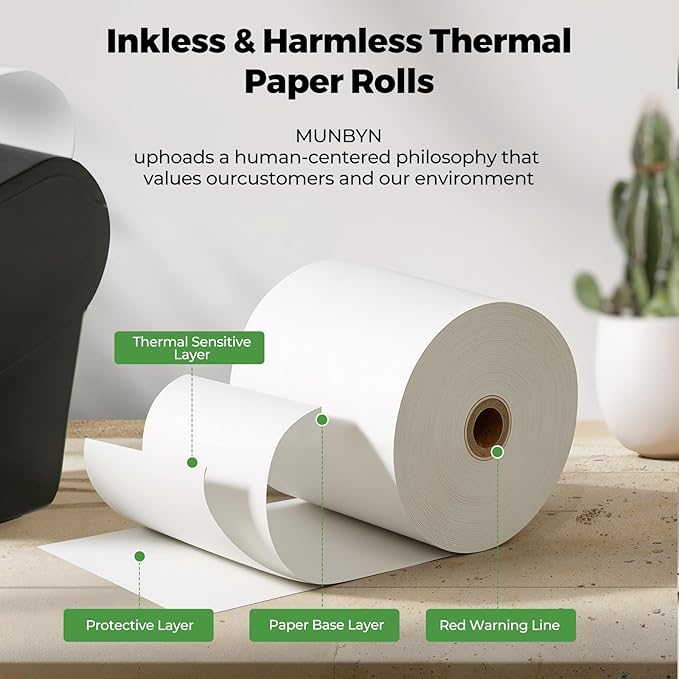 MUNBYN Thermal Paper 3 1/8 x 230ft, 5 Rolls Receipt Paper Work for Star Micronics TSP100 TSP143 Epson 80mm Receipt Printer Square POS Register Credit Card Terminals, Pos Register Paper BPA Free
