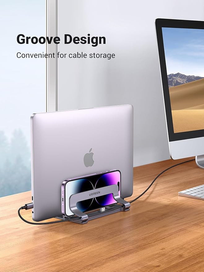 UGREEN 2-Slot Vertical Laptop Stand Holder Desk Compatible with MacBook Pro Air Laptop Stand Desktop Adjustable, Lenovo Ideapad, Surface Book, HP Notebook, Dell Chromebook Up to 17.3 Inch, Space Gray