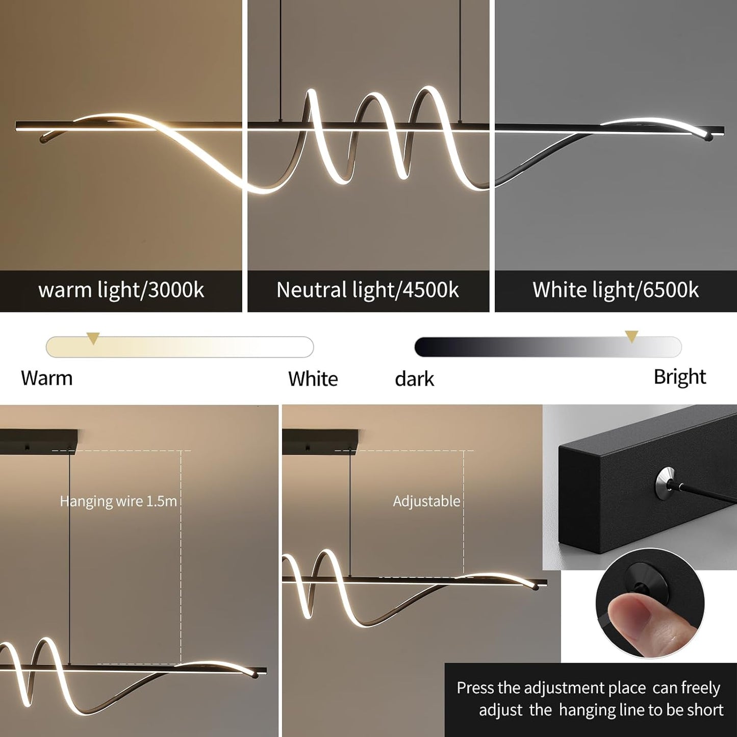 Modern Ceiling Chandelier Light, Acrylic Anti Flicker Pendant Lamp with Remote Control Dimmable 3 Color Mode & Brightness (Warm Cool Neutral Light) for Kitchen Bar（Black,57IN