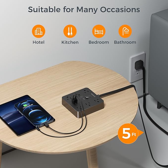 TESSAN Black Surge Protector Power Strip, Flat Plug Extension Cord 5 FT with 6 Outlets 3 USB Charger (1 USB C), 1700J Protection Multiple Outlets Charging Station for Home, Office, College Dorm Room