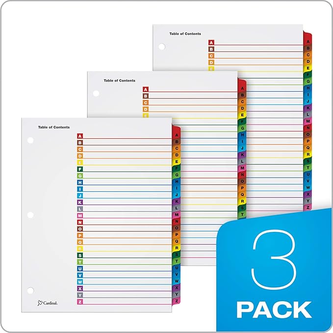 Cardinal Binder Dividers, A-Z Tabs, 3 Pack, Customizable Table of Contents Page, Reversible Multicolor Tabs, 3-Hole Punched for Binders