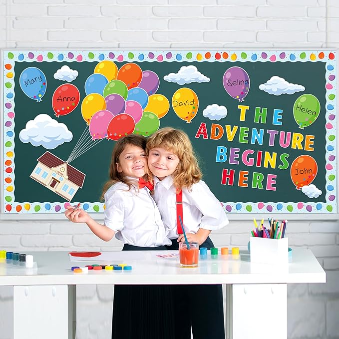 Colorful Balloon Bulletin Board Set for Classroom Mix Adventure Cloud Balloon Themed Cutouts for Back to School Supplies Name Tags Decorations for Wall Decors
