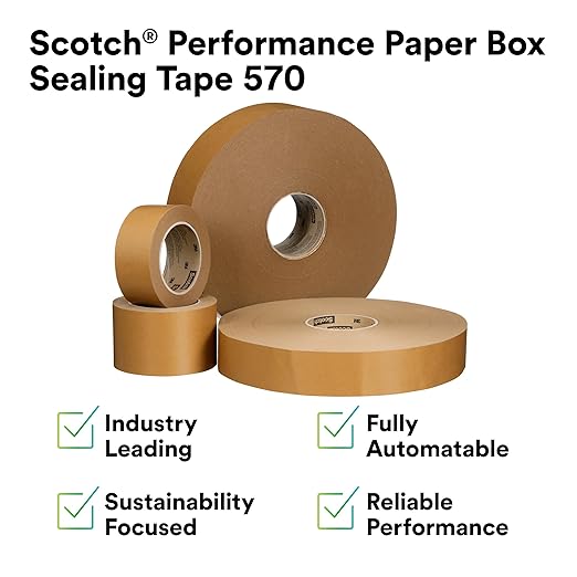 3M Scotch Performance Paper Box Sealing Tape 570, Brown, 2.8" x 547 yd (72 mm x 500 m), 1 Roll, Recycle-Compatible, Great for Packaging, Shipping, and Moving