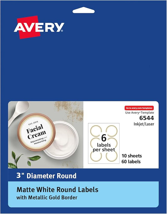 Avery Matte White Labels, Metallic Gold Borders, 3" Round Labels, 60 Total, Laser/Inkjet Printable (6544)