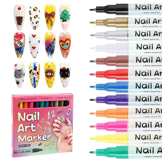 12 Colors Nail Art Pens Set，0.5 MM Nail Polish Pens Set Drawing Painting Point Liner Acrylic Painted Pen Graffiti Nail Dotting Pen Liner Brush for DIY Nail Art Beauty Adorn Manicure Tools
