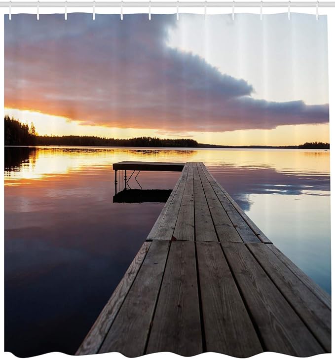 Ambesonne Landscape Shower Curtain, Serenity Relaxing Themed Port Pier Wooden Rustic Image of Dawn Sunset in Lake Art, Cloth Fabric Bathroom Decor Set Hooks, 69" W x 84" L, Multicolor Indigo Pale Blue
