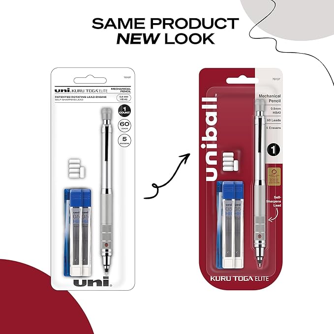 uniball Kuru Toga Elite Mechanical Pencil Starter Kit, 0.5mm, HB #2, Silver Barrel, 1 Pack