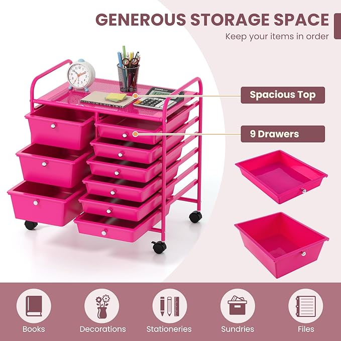 COSTWAY Rolling Storage Cart with 9 Drawer, Mobile Utility Cart with Metal Frame, Art Supply Craft Organizer, Multipurpose Storage Organizer for Paper, Office, School Teacher, Classroom, Hot Pink