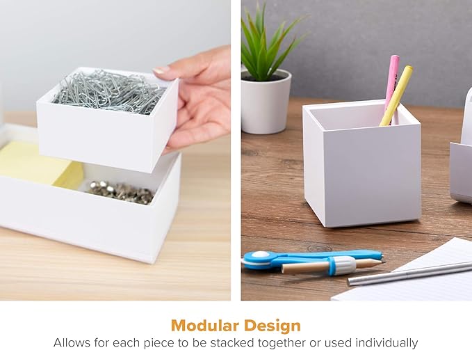 Bostitch Office Konnect Desk Organizer Accessory Tray & Storage Cup Bundle, Stacks for Desktop Storage, Makeup Organization, White (Pack of 6)
