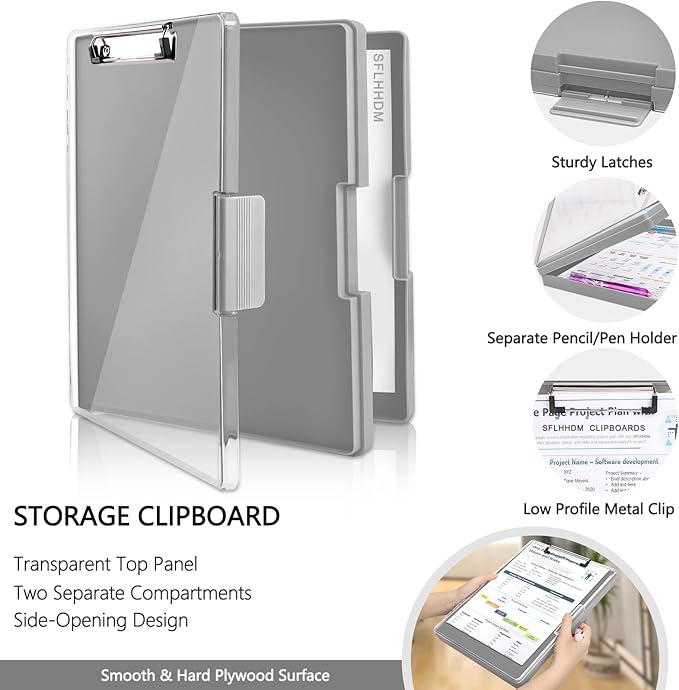 SFLHHDM Clipboard with Storage,Heavy Duty Clip Boards 8.5x11 with 2 Storage Case,Clear Visible Panel Storage Clipboards,Side Opening Nursing Clipboard Folder for Office Supplies-Gray