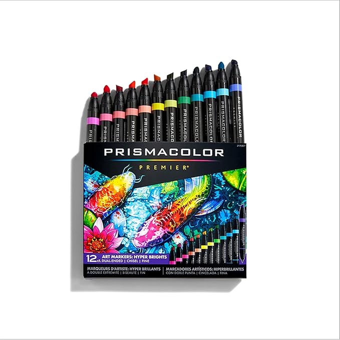 Prismacolor Premier Dual-Ended Art Markers, Chisel and Fine Tips, Hyper Bright Colors, 12 Count - Art Supplies, Alcohol-Based Ink, Creative, Artist, Adult Coloring