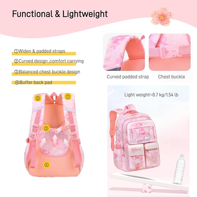 Kids Backpack School Bags for Girls, Cute Princess Backpack Multi-pocket Elementary School Students Bookbag for Girls, Purple