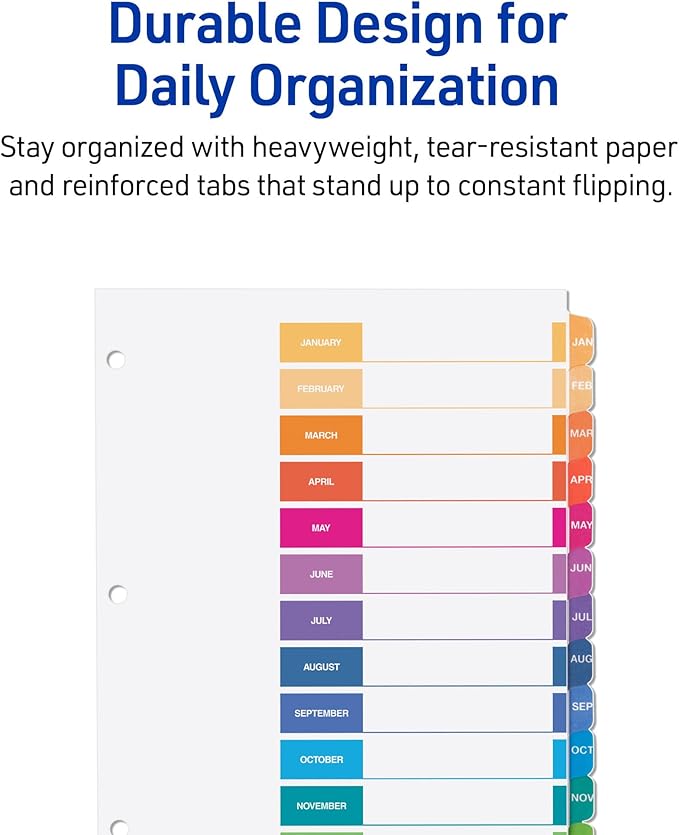 Avery Jan-Dec Dividers for 3 Ring Binders, 12 Tabs per Set, Customizable Table of Contents, Multicolor Tabs, Great for Organizing Reports, Projects, and More (3 Sets of 44128)