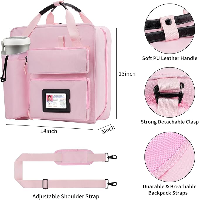 Zipper Binder 3 Ring 3-inch with Shoulder Strap & Backpack Straps, 700 Sheets Capacity Multiple Pockets Large Zip Up Binder File Folder Bag Fits 13 Inch Laptop, Pink