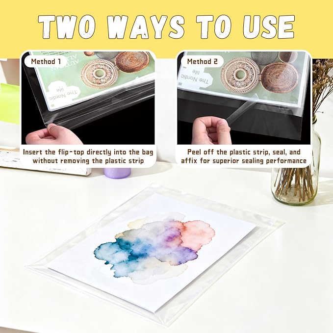 100 Pack 9 3/8 x 12 2/5 inches Crystal Clear Sleeves Storage Bags, Self Sealing Cellophane Bags Magazine Sleeves Protectors for 9x12 Photo Mats Art Prints Drawings