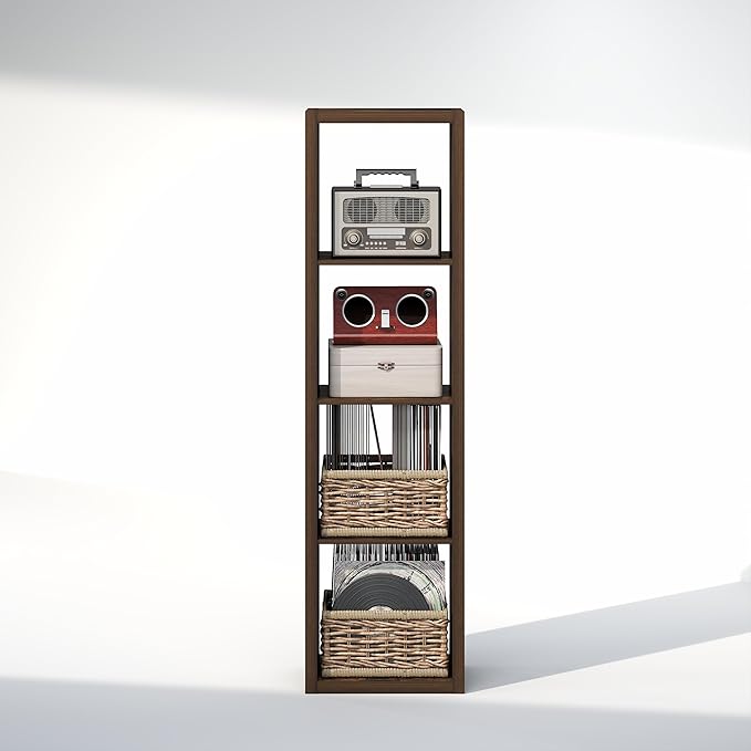 Furinno Cubicle Record Player Stand with Vinyl Storage, 4-Cube 1.2 Extra Thick Vinyl Record Storage, Open Back Media Shelf for CD DVD Blueray Game Disc, for Living Room, Home Office, Amber Pine