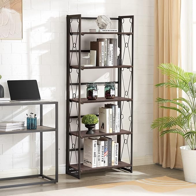 VECELO Folding Bookshelf, 5 Shelf Bookcase No Assembly, Industrial Metal Frame Shelves Rack Organizer for Living Room, Office,Walnut 1 Set