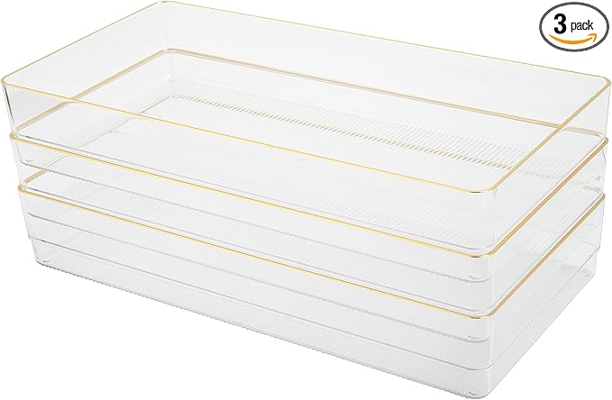 Martha Stewart Kerry Plastic Stackable Office Desk Drawer Organizers, 12" x 6", 3 Pack, with Gold Trim