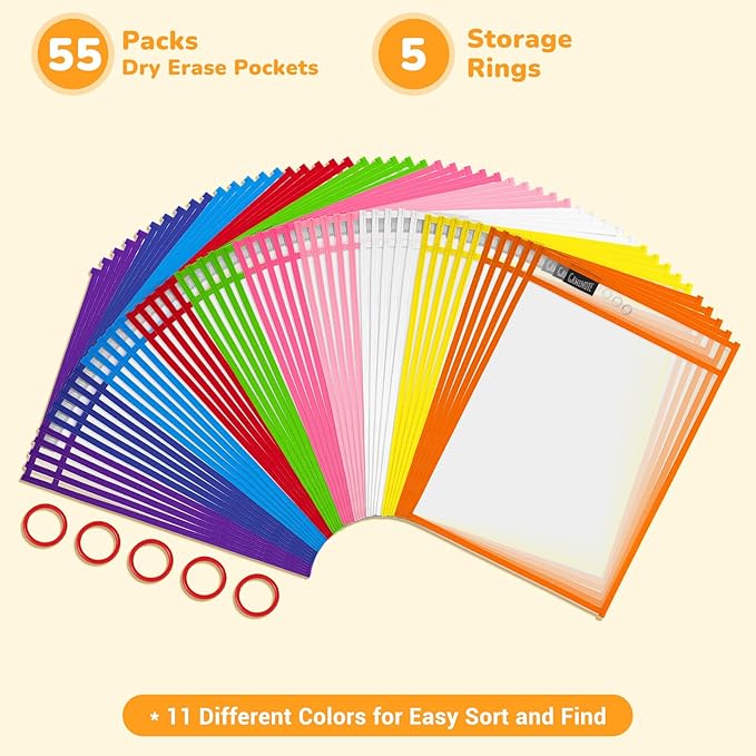 Gamenote 55 Pack Dry Erase Pockets with 5 Rings, 11 Assorted Colors 10x14 Oversized Reusable Plastic Sleeves, Clear Sheet Protectors, Teacher Supplies for Classroom Organization