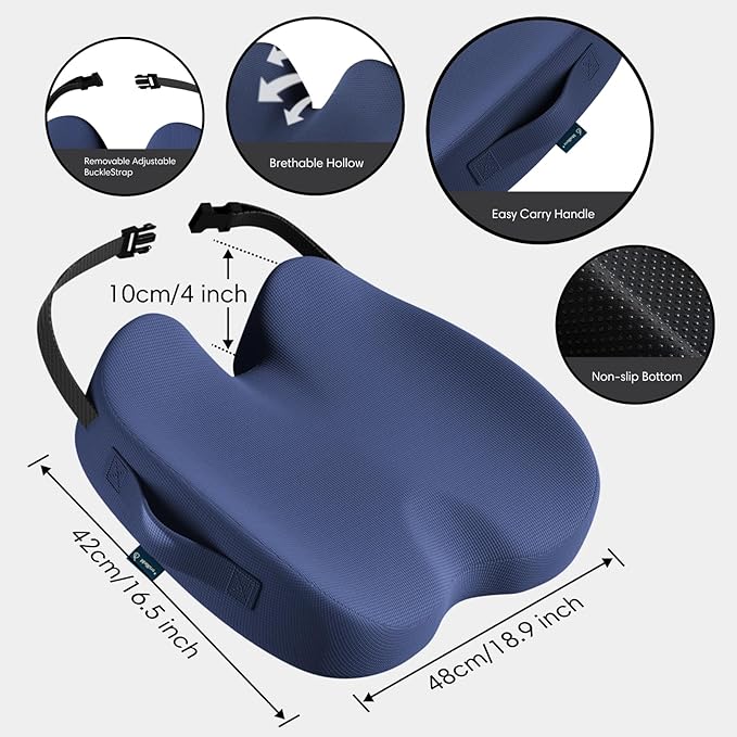 Large Memory Foam Seat Cushion for Office Chair, Car, Desk, Truck & Wheelchair - Tailbone, Coccyx & Sciatica Pain Relief Pillow - Ergonomic Back Support Portable Pad for Long Sitting & Driving