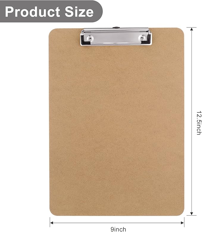Wood Clipboards, Letter Size Hardboard Clip Board 8.5x11 for Classroom, Students, Kid, Teacher, A4 Standard Size 9" x 12.5" with Low Profile Clip, Office & School Supply