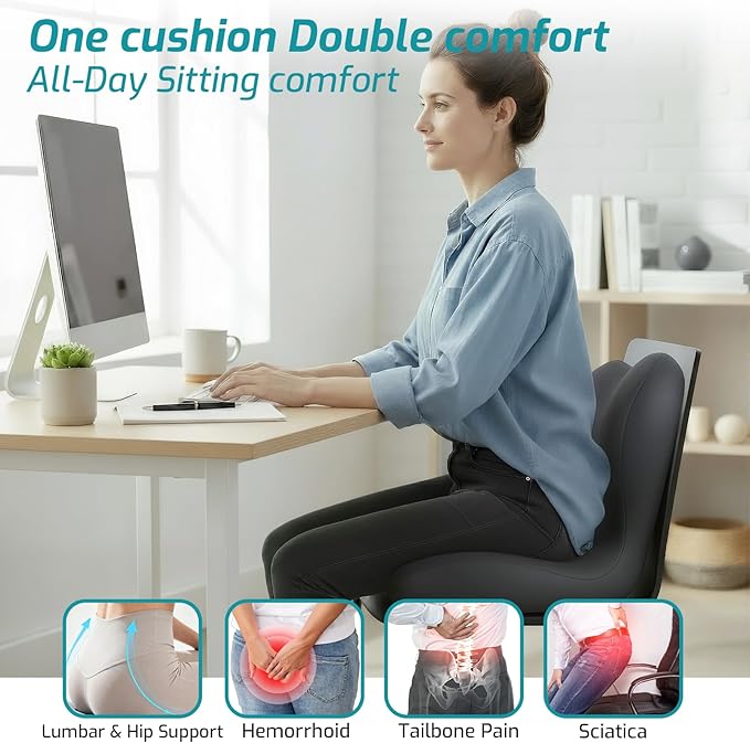 Memory Foam Seat Cushion,Office Chair Cushion with Lumbar Support for Back Pressure Relief,Sciatica,Non Slip Car Seat Cushion with Strap,Pad Orthopedic Cushions for Car,Truck,Desk (D-Dark Grey)