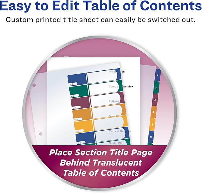 Avery Plastic 10 Tab Binder Dividers, Customizable Table of Contents, Multicolor Tabs, 1 Set (11818)