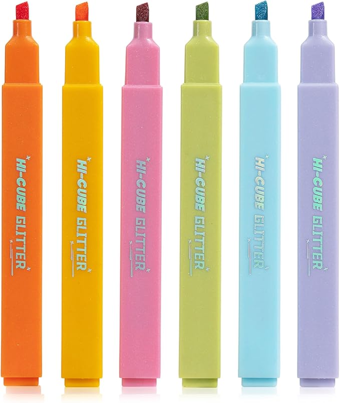 M&G HI-CUBE Glitter Highlighters, 6 Pack Vibrant Colors with Glitter Ink, No Bleed Soft Chisel Tip for Bible Study, Cute Aesthetic Highlighters for Journaling, Planners & Notes