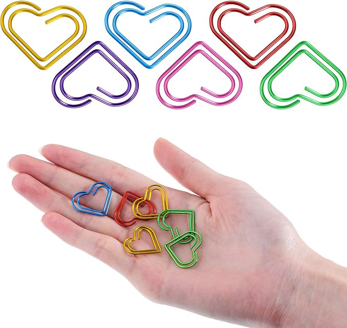 105 Pieces Colorful Paper Clips Metal Heart Shaped Paperclips Cute Fancy Multicolor Small Love Shaped Paper Clips Bulk for Office Stationery, School Supplies, Document Note Sorting, Wedding Decoration