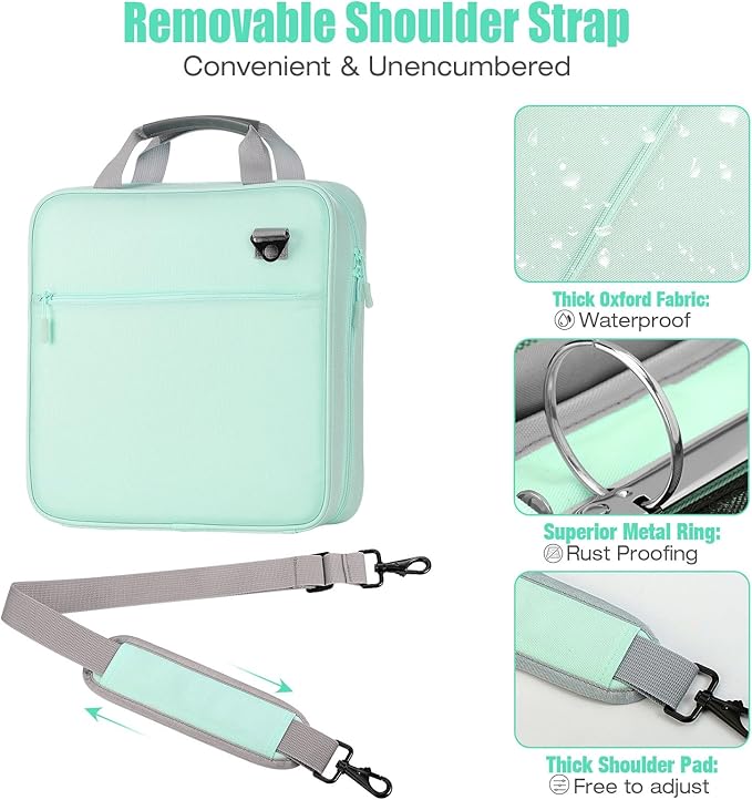 Moko Zipper Binder, 2 Inch 3 Ring Binder with Zipper,500 Sheets Capacity Zipper Binder with Shoulder Strap & Handle,Multi-Pocket Zipper Binder Organizer for Middle School, Mint Green