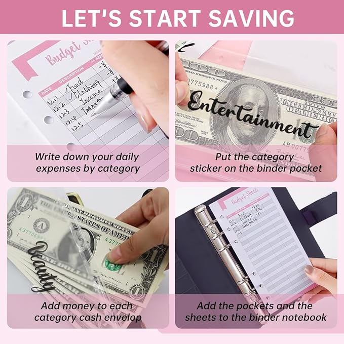 Budget Binder, Cute A6 Money Saving Binder with Zipper Envelopes, PU Leather Money Organizer for Cash, Expense Budget Sheets and Cash Envelopes for Budgeting White Daisy