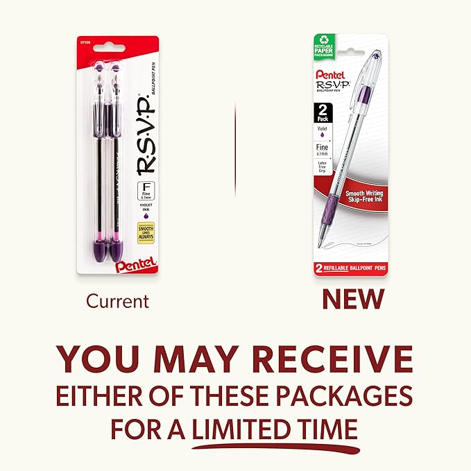 Pentel RSVP Ballpoint Pen, (0.7mm), Fine Line, Violet Ink (BK90BP2V) (Pack of 1, 2 Count Total)