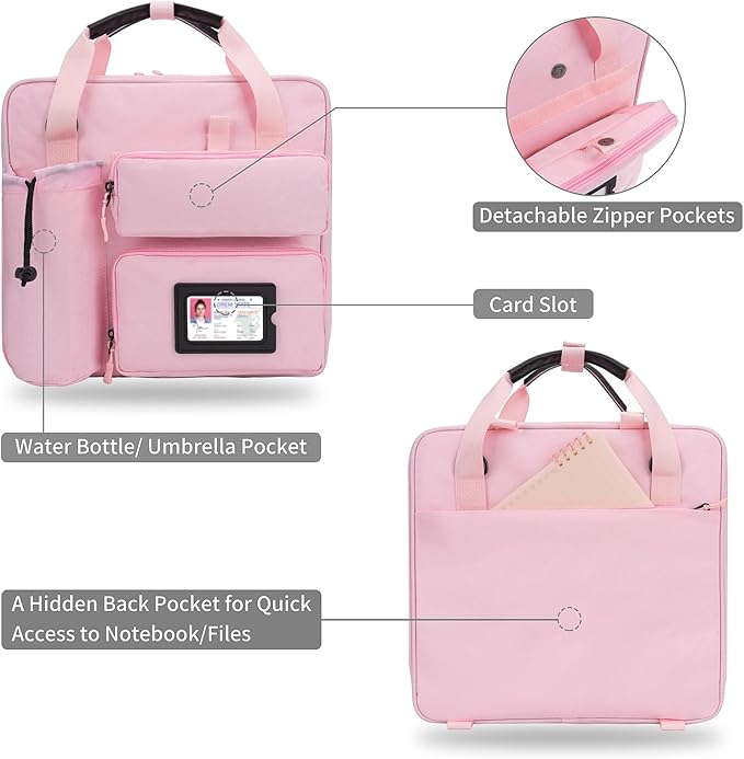 Zipper Binder 3 Ring 3-inch with Shoulder Strap & Backpack Straps, 700 Sheets Capacity Multiple Pockets Large Zip Up Binder File Folder Bag Fits 13 Inch Laptop, Pink