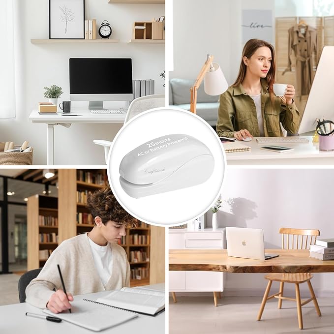 Electric Stapler,Including 2000 Staples and 1 Staple Remover, Suitable for Palm Size and high Comfort，25 Sheet Capacity, AC Adapter or Battery Powered，Battery not Included，(White)